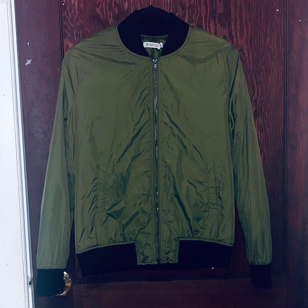 JustFab Green Bomber Jacket with Black Trim